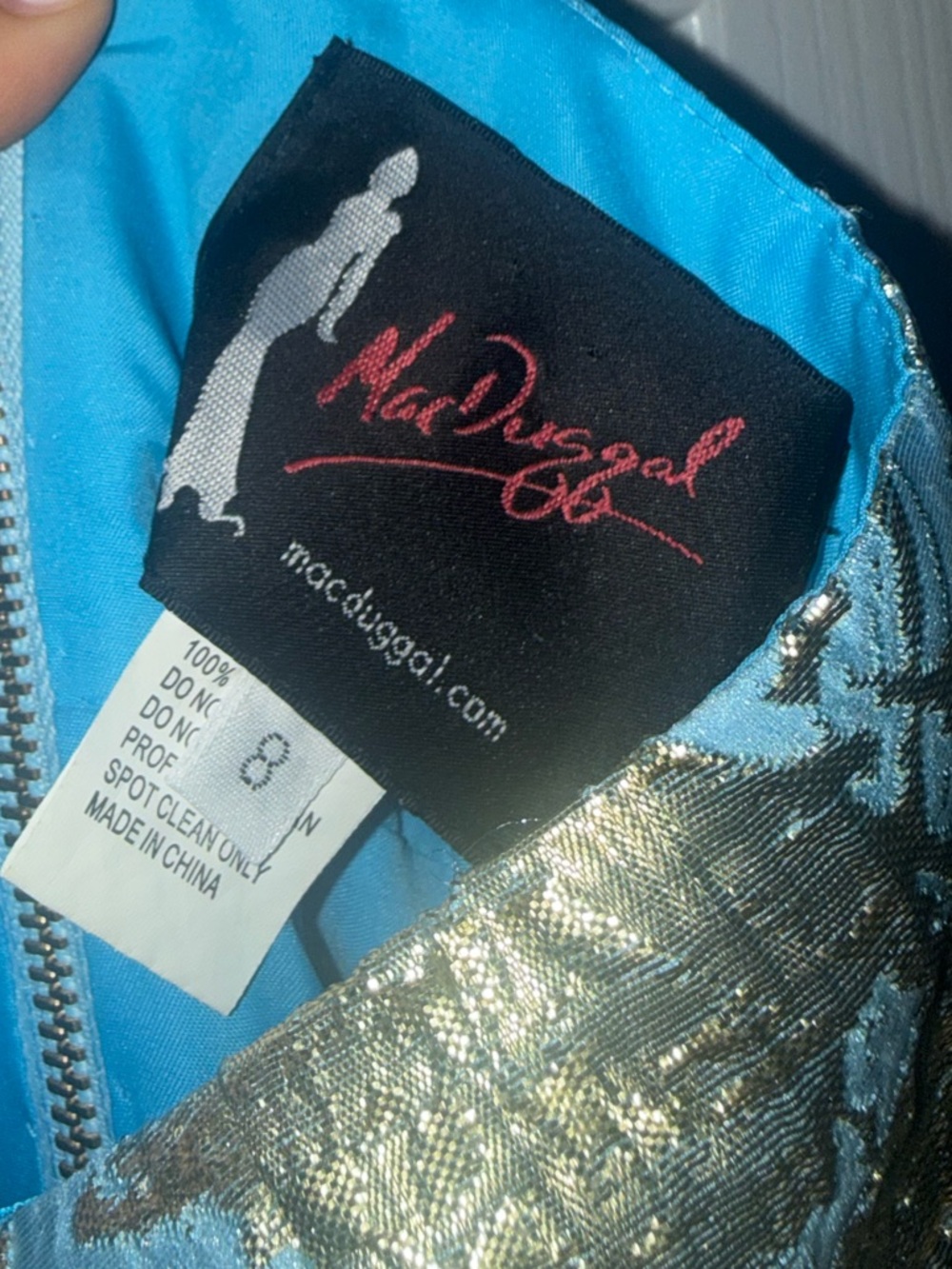 Mac Duggal Gold and Light Blue V-Neck Jacquard Gown - Picture 5 of 5